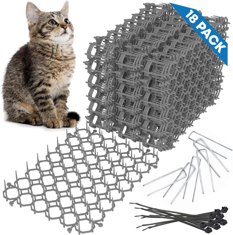 Petfolio 18 Pack Scat Mat for Cats - 8 x 6 Inch Cat Deterrent Mat with 1 Inch Spikes is A Great Cat Repellent Indoor & Outdoor to Keep Cats Away. Includes 6 Garden Staples & 10 Zip Ties (Grey) - Image 1